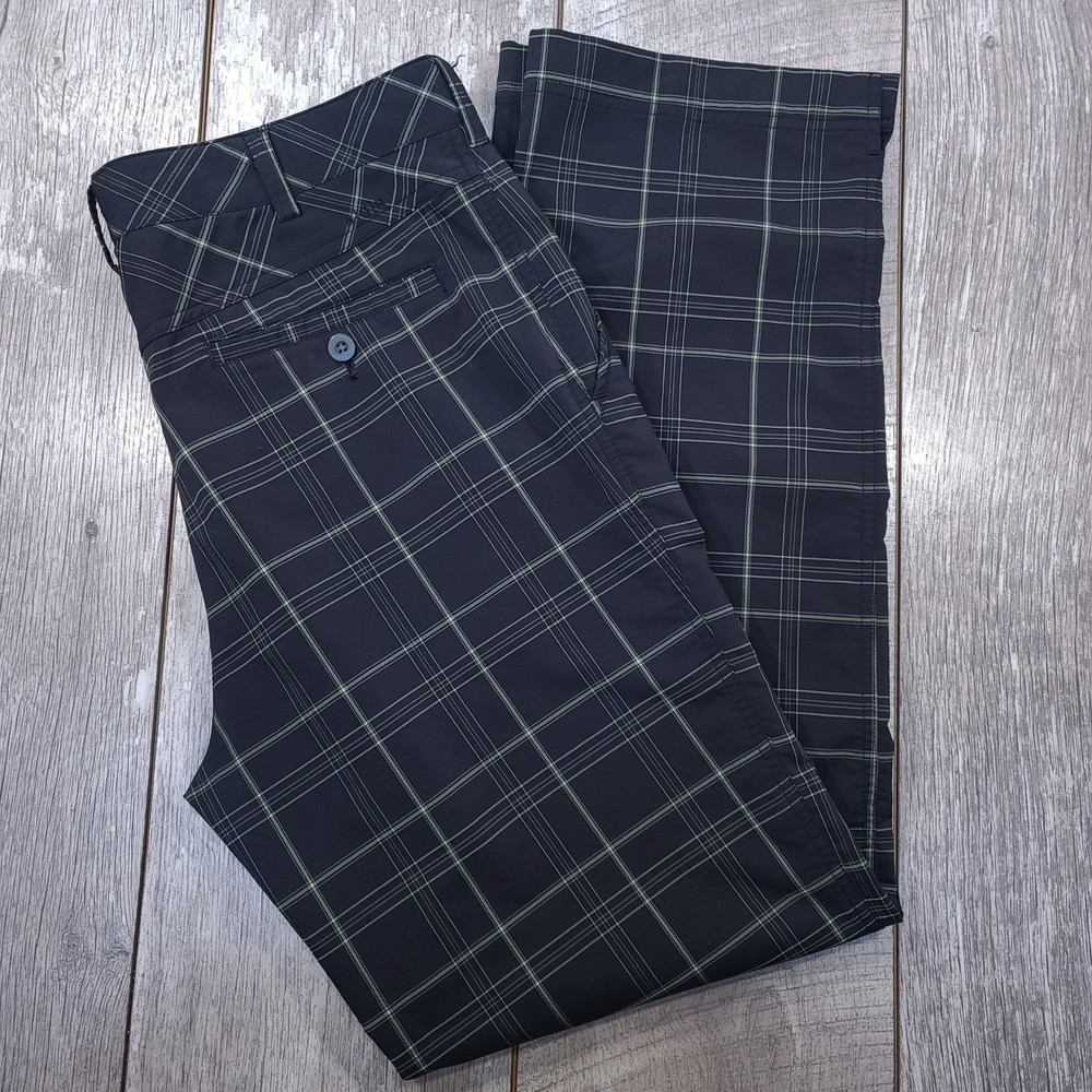 AUR Golf Pants Mens 34 Black Plaid Active Performance Straight Leg Trousers
